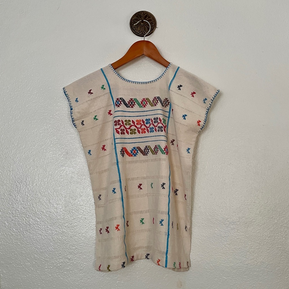Vintage Mexican Huipil Embroidered Boho Cotton Blouse Ivory Multi Color Top